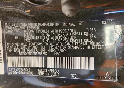 2013 Toyota Sienna Le from USA, damaged, VIN 5TDKK3DC9DS355552